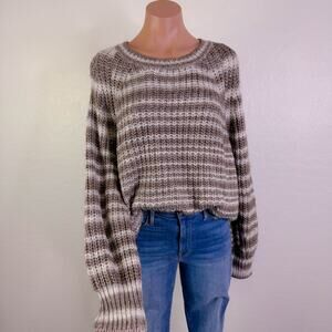 Halogen Striped Grandpa Sweater Crew Neck Chunky Knit Brown Neutral Tan 2X NWT